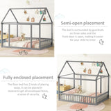 Full Size Floor Wooden Bed with House Roof Frame and Safety Guardrails ,Gray W1580P172925