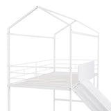 Metal House Bed With Slide, Twin Size Metal Loft Bed with Two-sided writable Wooden Board MF294384AAK