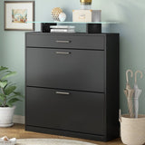 ON-TREND Slim Entryway Organizer with 2 Flip Drawers, Tempered Glass Top Shoe WF303589AAB