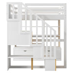 ZUN Full Size Loft Bed with Desk and Shelves, Two Built-in Drawers, Storage Staircase, White and Natural 04858801