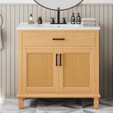 36" Rattan Bathroom Vanity with Ceramic Sink, Modern Bathroom Sink Cabinet with 2 Soft Close Doors N817P271077N