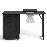 Nail Desk Folding Table, Black MDF Manicure Station w/ 2 Drawers & 1 Door Cabinet for Nail Art Salon 06078270