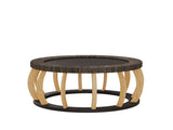 35.43"Vintage Rattan Solid Wood Round Coffee Table, Curved Legs Boho Accent Table for Dining Room, W757P445115