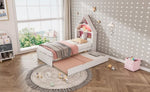 ZUN Twin Size House-Shaped Bed with Bookcase Headboard and Led Light and Twin Size Trundle for Kids Boys WF530847AAH