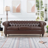 84.65" Dark Brown PU Rolled Arm Chesterfield Three Seater Sofa. W68035342