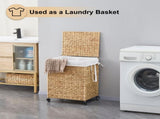 100L 2-Section Laundry with Lid and Wheels, Woven Natural Water Hyacinth Rolling Laundry 17904538