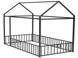 Twin Size Metal Bed House Bed Frame with Fence, for Kids, Teens, Girls, Boys, Black MF304315AAB