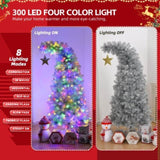 6 FT Bent Top Pre-lit Christmas Tree with Golden Star, Hinged Artificial Xmas Tree with 300 Lights, 66090696