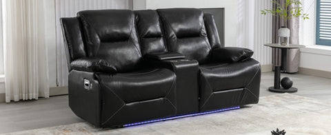 ZUN 2 Seater Home Theater Recliner Manual Recliner Chair with a LED Light Strip Two Cup Holders and a WF323622AAB