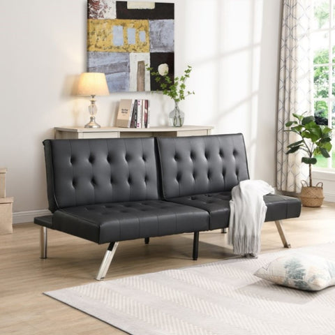 ZUN WOOD FRAME, STAINLESS LEG, FUTON, SOFA BED BLACK PVC W2297P247530