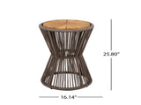 Outdoor Side Table, Dark Grey Rope and Acacia Wood, 25.80" Height, 16.14" Diameter, Elegant Long N770P354691D
