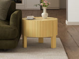 Round Fluted Side Table with Storage for Living Room, Rubber Solid Wood, Soft-close Door, Natural, N735P369881N
