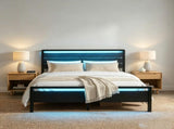 Queen Size Metal Wood Platform Bed Frame, 3-Panel Black Wood Grain Headboard with LED Light & 37766245