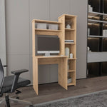 ZUN Light Oak 6-Shelf Writing Desk with Built-in Bookcase B06280289