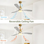 ZUN Indoor 52 Inch Ceiling Fan With Dimmable Led Light 6 Speed Remote Gold 3 Wood Blade Reversible DC W934P145947