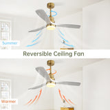 ZUN 52 Inch Ceiling Fan With Dimmable Led Light 3 Solid Wood Blades Remote Control Reversible DC Motor W882P235358