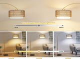 Arc Floor Lamp for bedroom with Rattan & Linen Shades, Gold Floor Lamp with Remote & Dimming Bulb, W2738P227439