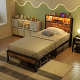 Twin Size Bed Frame with Storage Headboard, Metal Platform Bed with Charging Station, Bookcase W840P294072