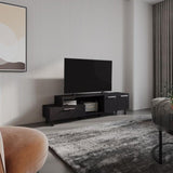 Athol 69" Wide Two-Tier Tv Stand Black with one pull-down door cabinet, one double-door cabinet and B200P286968