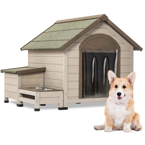 ZUN Outdoor fir wood dog house with an open roof ideal for small to medium dogs. With storage box, W142784557