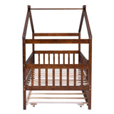 Twin Size Wooden House Bed with Twin Size Trundle, Walnut WF302178AAL