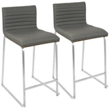 Mara 26" Contemporary Counter Stool in Brushed Stainless Steel, Walnut Wood, and Grey Faux Leather B202P222389