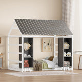 Wooden Twin Size House Bed with Fence and Roof, Kids Floor Bed with Two Movable Wardrobes, Gray N733P240134E