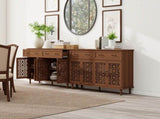 Vintage Sideboard Buffet Cabinet with Hand-Carved Hollow Doors, Distressed Light Wood Finish, 2 W688P359947