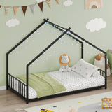 Twin size children's bed frame with LED light strips, roof-shaped iron frame bed, black,78.5" L x 49013984