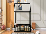 Twin Size Metal House Bed with Fence and Door, Black MF315932AAB