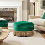 Yolanda 24" Round Upholstered Accent Ottoman, Ultramarine Green Velvet with Gold Trim B2719P364403