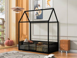 Twin Size Metal House Bed with Fence and Door, Black MF315932AAB