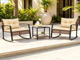 3-Piece Outdoor PE Rattan Rocking Chair Conversation Set with 2-Tier Glass Coffee Table, Heavy Duty 86551624