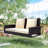 ZUN 2-Person Wicker Hanging Porch Swing with Chains, Cushion, Pillow, Rattan Swing Bench for Garden, 94685542