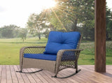 Rattan rocking chair with sparse backrest, grey rattan and blue cushion 89881291