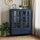 Minimalist Blue Buffet Cabinet with Double Glass Doors and Drawer, Modern Wooden Storage Sideboard W2557P307944