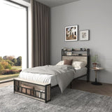 Twin Bed Frames , Headboard and Charging Station & LED Light for Bedroom, Solid and Stable, Noise 01956866
