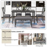 ZUN 6-Piece Kitchen Dining Table Set Wooden Rectangular Dining Table, 4 Fabric Chairs and Bench Family 35334978