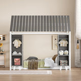 Wooden Twin Size House Bed with Fence and Roof, Kids Floor Bed with Two Movable Wardrobes, Gray N733P240134E