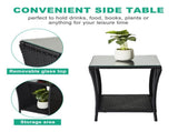 Outdoor Patio Wicker Side Table, Square End Table Bistro Coffee Table with Glass Top Storage Shelf 78280001