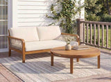 Outdoor Acacia Wood Loveseat & Coffee Table Set with Handwoven Rope, Teak Finish N768P363954T