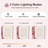 3-Color LED Vanity Mirror with Stool, Pink Dressing Table for Bedroom, 2 Drawers & 5 Storage 97085994