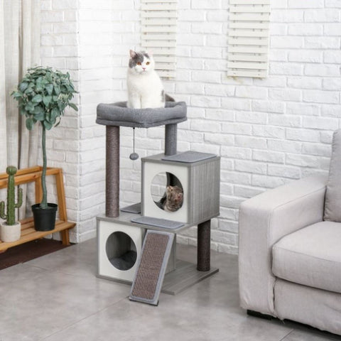 ZUN Modern Wood Cat Tree Cat Tower With Double Condos Spacious Perch Sisal Scratching Posts and 06646729