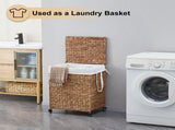 100L 2-Section Laundry with Lid and Wheels, Woven Natural Water Hyacinth Rolling Laundry 22283701