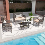 4 Pieces Outdoor Patio Furniture Set,PE Rattan Wicker Garden Conversation Chairs with Tempered Glass W2071P296910