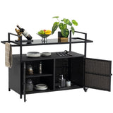 Outdoor Wicker Bar Cart, Patio Wine Serving Cart w/Wheels, Rolling Rattan Beverage Bar Counter Table W640140573