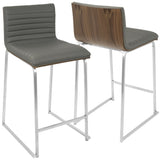 Mara 26" Contemporary Counter Stool in Brushed Stainless Steel, Walnut Wood, and Grey Faux Leather B202P222389
