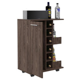 Bar Cart, Two External Shelves, Four Casters, Six Built-in Wine Rack, Single Door Cabinet -Dark B20091829