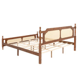 King Pine wooden Bed with Rattan Headboard and Footboard, with Central Enhanced Bed Platform,Walnut W504P269835