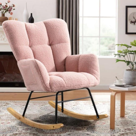 ZUN Teddy Fabric Rocking Chair, Modern Rocking Accent Chair for Nursery, Living Room, Bedroom, Pink W2740P221083